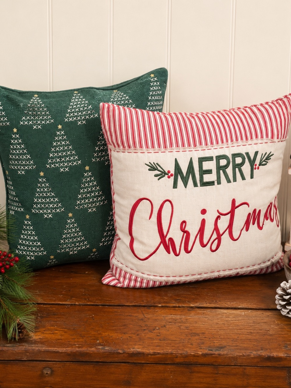 Kirklands Set of 2 Embroidered Christmas Trees  Festive Santa Throw Pillow